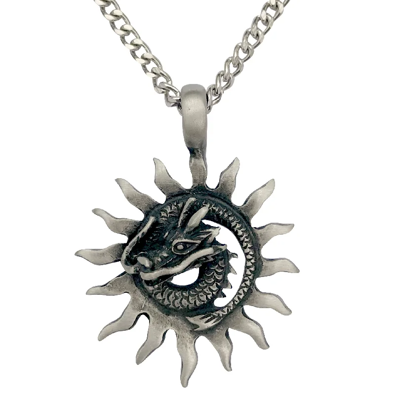 Knit stripe necklace-Pewter Sun Dragon Pendant with Extra Large Bail, on Men's Heavy Curb Chain Necklace, 24"