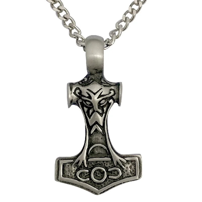 Hexagonal zircon necklace-Pewter Thors Hammer Mjolnir Pendant with Extra Large Bail, on Men's Heavy Curb Chain Necklace, 24"