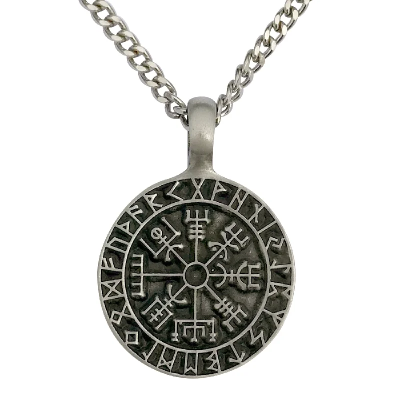 Chestnut husk necklace-Pewter Gothic Viking Compass Rune Pendant with Extra Large Bail, on Men's Heavy Curb Chain Necklace, 24"