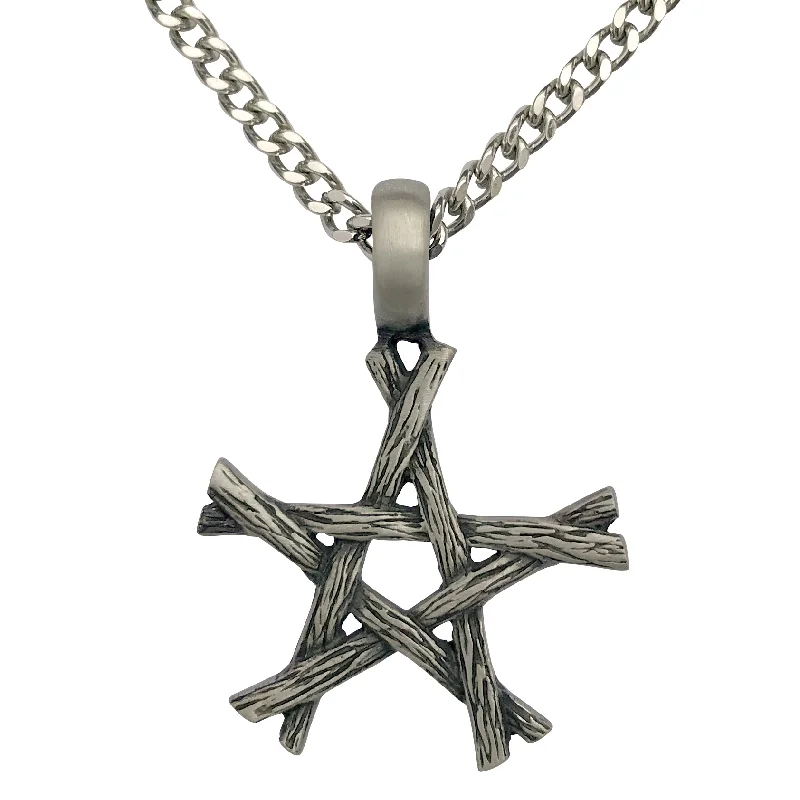 Radial star pendant necklace-Pewter Wiccan Branch Pentagram Pendant with Extra Large Bail on Mens Heavy Curb Chain Necklace, 24"