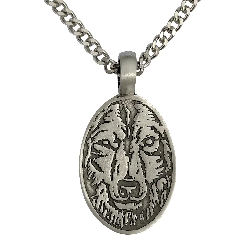 Micro pave necklace-Pewter Wolf Head Etched Face Pendant with Extra Large Bail, on Men's Heavy Curb Chain Necklace, 24"