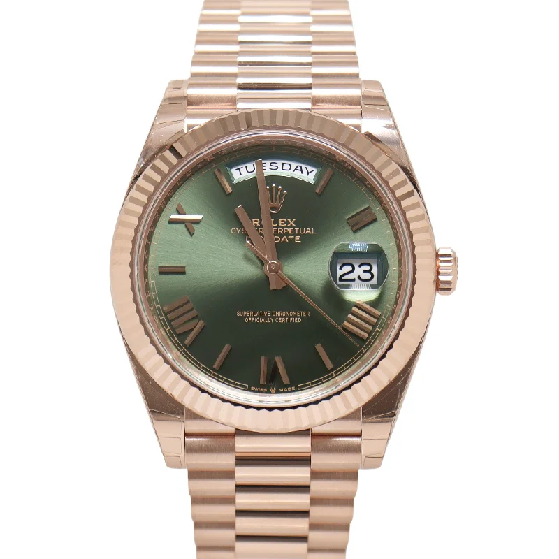 Jute braid necklace-Rolex Day Date Rose Gold 40mm Olive Roman Dial Watch Reference#: 228235