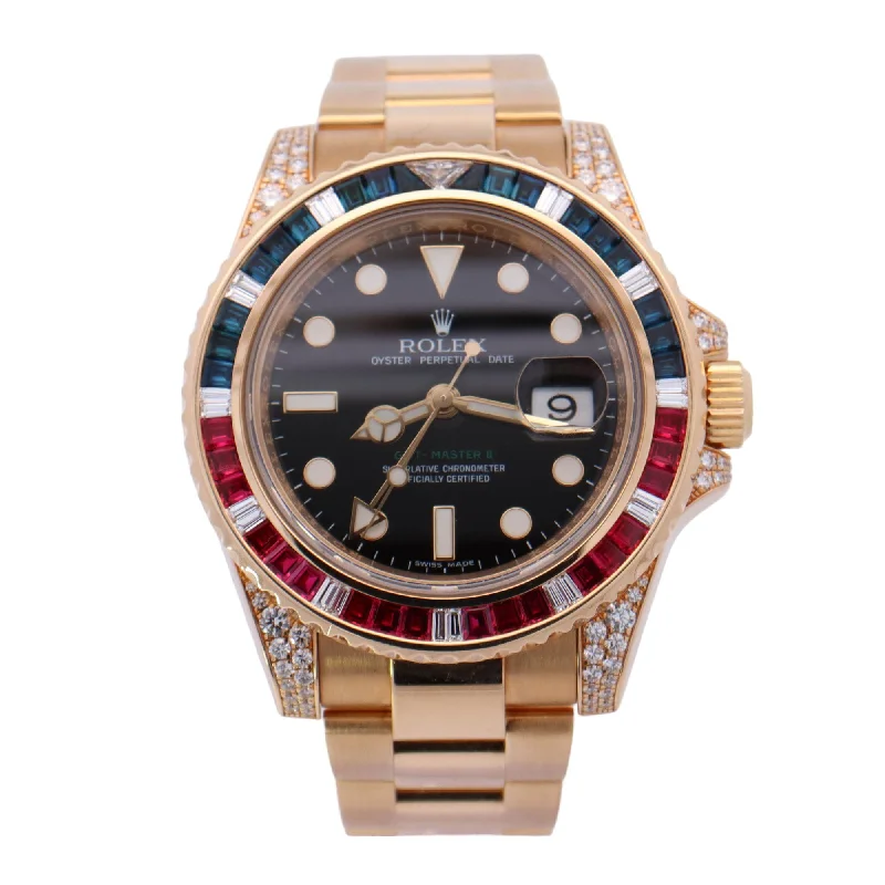 Vintage style necklace-Rolex GMT Master II Yellow Gold 40mm Black Dot Dial Watch Reference #: 116758SARU