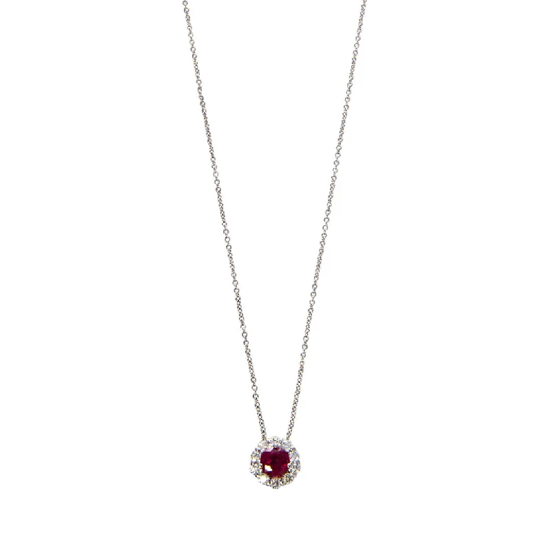 Linked chain necklace-Ruby & Diamond Halo 18K White Gold Pendant Necklace