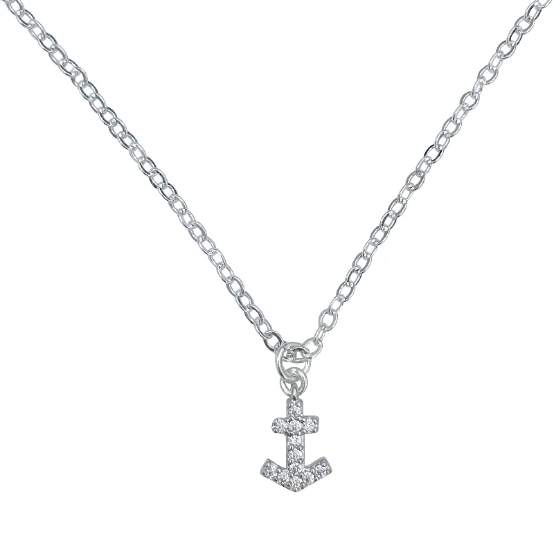 Crowned gem necklace-Silver Finished Petite Mini Anchor Charm with Cubic Zirconia, on 18" Silver Cable Chain Necklace