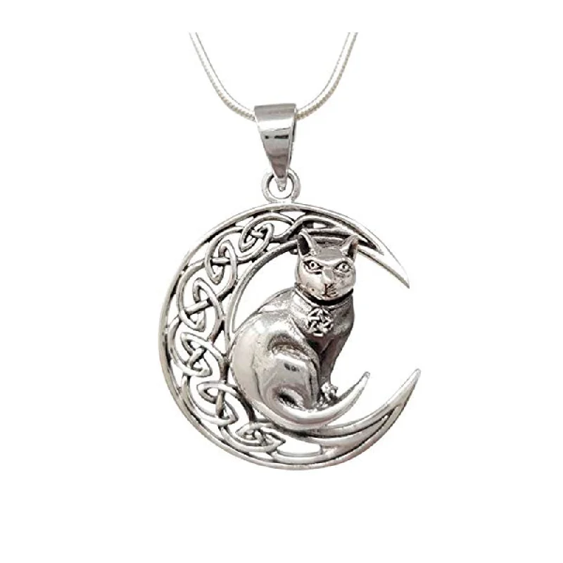 Almond bead necklace-Sterling Silver Moon & Cat Celtic Pendant on Chain