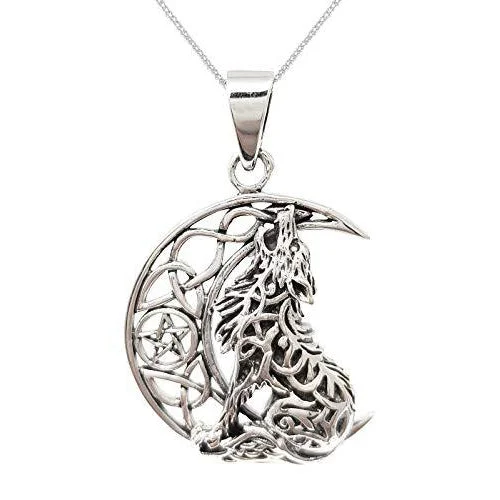 Hazel wood necklace-Sterling Silver Celtic Moon Wolf Pendant on Chain For Women