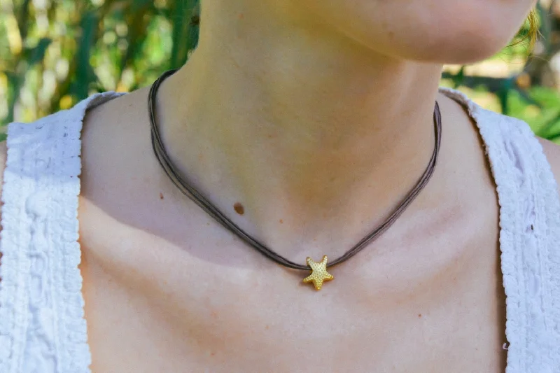 Millet stalk necklace-Gold starfish necklace, brown cord, gift for her, nautical jewelry