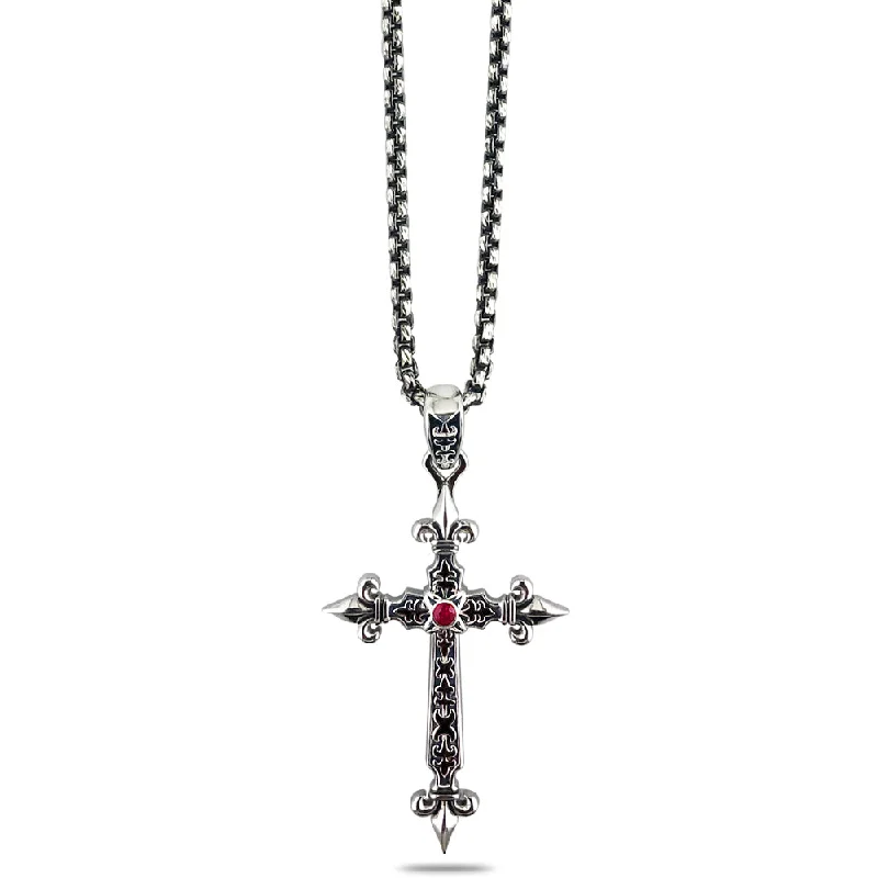 Vintage style necklace-Sterling silver cross pendant with ruby