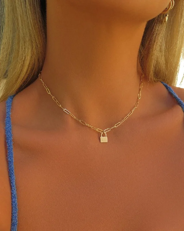 Polished pebble necklace-Thick Drawn Cable Chain Lock Necklace  - 14k Yellow Gold Fill