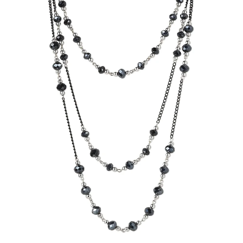 Radial star pendant necklace-Triple Strand Black and Silver Beaded Black Chain Gothic Multistrand Necklace