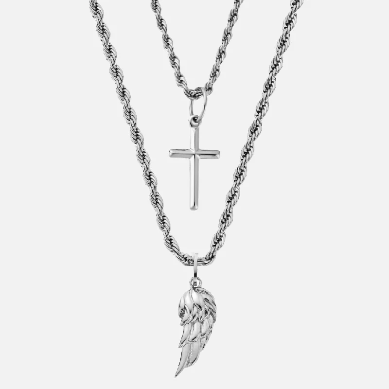 Textured rib necklace-CROSS & WING PENDANT SET - WHITE GOLD