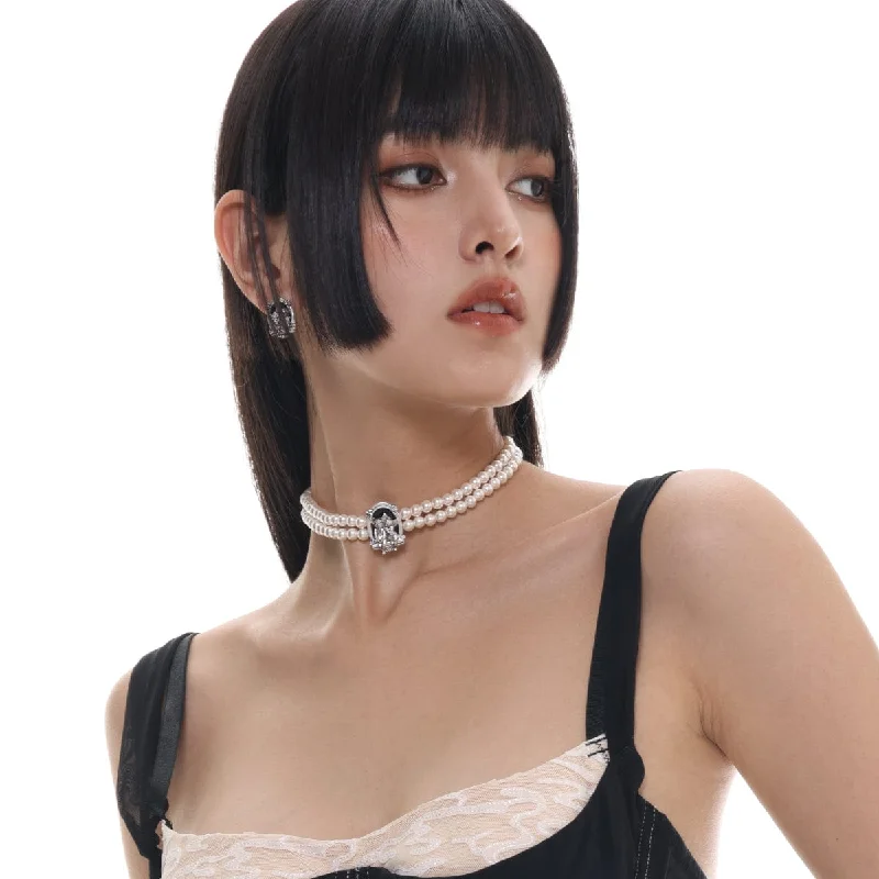 Tin toned necklace-Women's Gothic Angel Pearl Choker