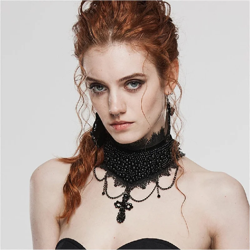 Medieval style necklace-Women's Gothic Cross Beaded Lace Hem Choker