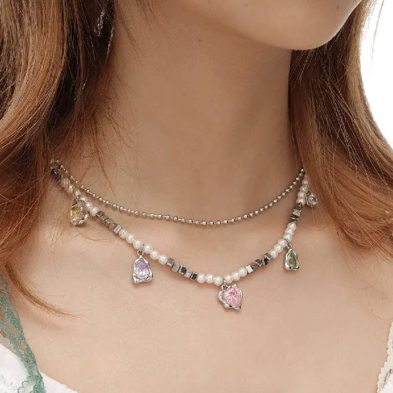 Shoreline wave necklace-Women's Grunge Colorful Zircon Pearl Necklace