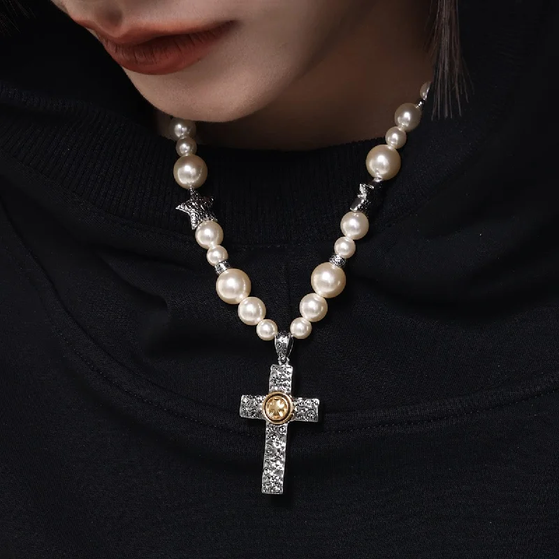 Gill slit necklace-Women's Punk Cross Pearl Necklace