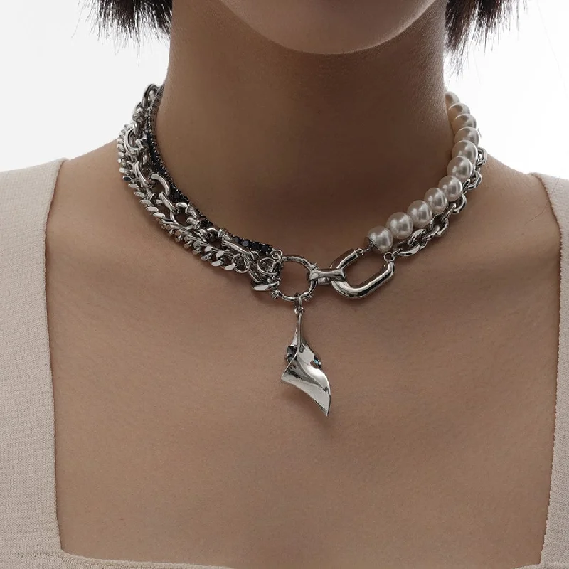 Zinc finish necklace-Women's Punk Pearl Splice Asymmetric Necklace