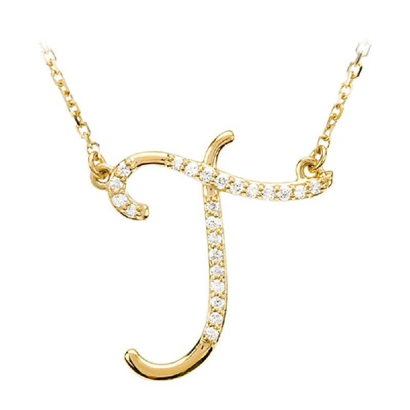 Tandem gem necklace-1/8 Ctw Diamond 14k Yellow Gold Medium Script Initial T Necklace, 17in