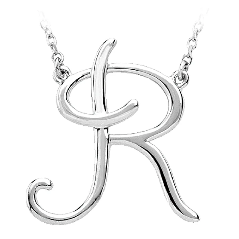 14k White Gold, Olivia Collection, Medium Script Initial R Necklace