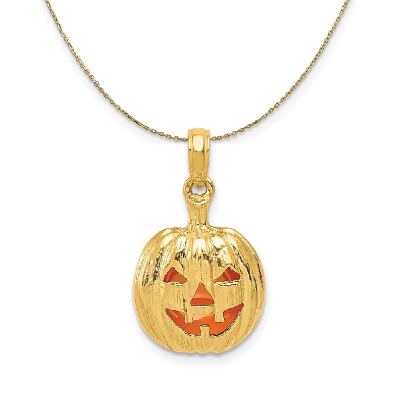 Waxed finish necklace-14k Yellow Gold and Enameled 3D Pumpkin Necklace