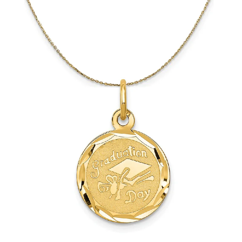 14k Yellow Gold Graduation Cap Brocaded Disc Necklace