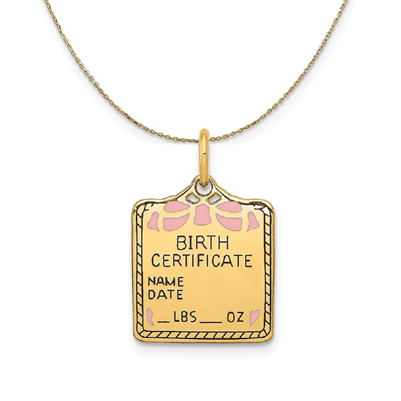 Archaic necklace-14k Yellow Gold Pink Enamel Birth Certificate (15m) Necklace