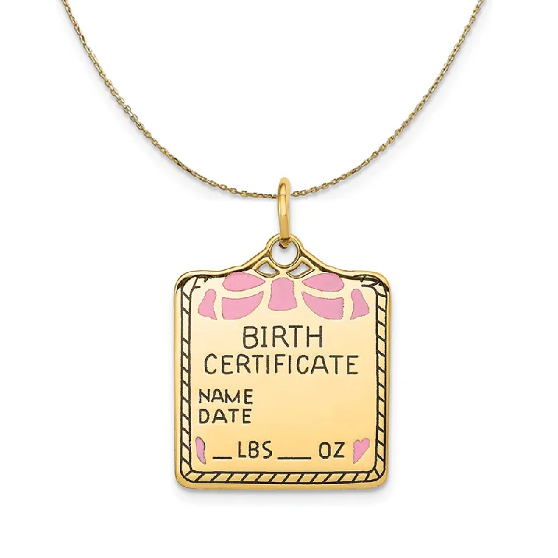 Shoreline wave necklace-14k Yellow Gold Pink Enamel Birth Certificate (21m) Necklace