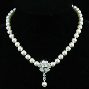 Knit stripe necklace-Bridal White Shell Pearl Necklace use Austrian Crystal XC038