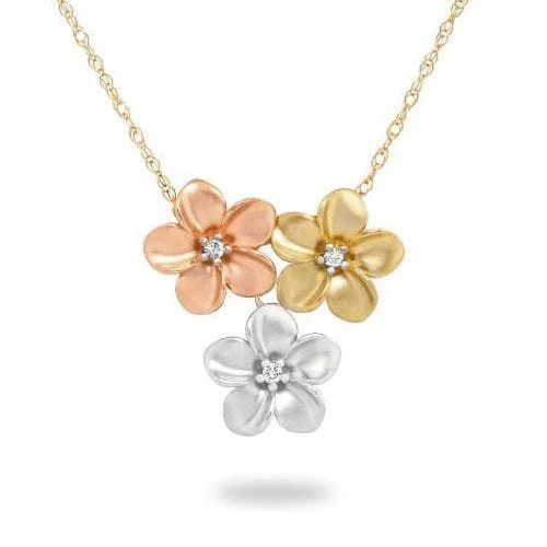 Mussel shell necklace-16" Plumeria Necklace in Tri Color Gold with Diamonds - 11mm