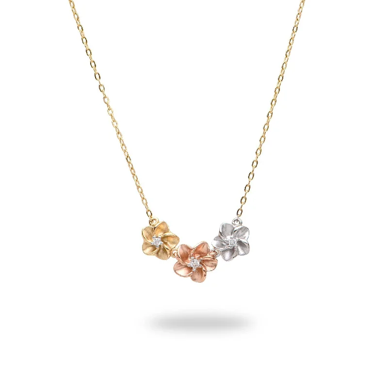 16" Plumeria Necklace in Tri Color Gold with Diamonds