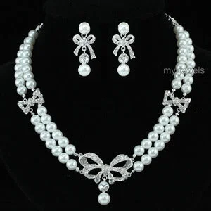 Prehistoric necklace-Bridal Ribbon White Faux Pearl Necklace Set XS1194