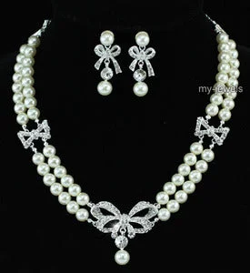 Cluster set necklace-Bridal Ribbon Ivory Faux Pearl Necklace Set XS1195