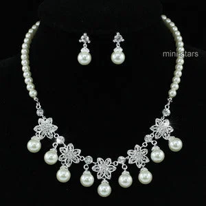 Textured rib necklace-Bridal Wedding Flower Cream Ivory Faux Pearl Necklace Set XS1206