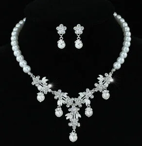 Clan crest necklace-Bridal Flower White Faux Pearl Crystal Necklace Set XS1215