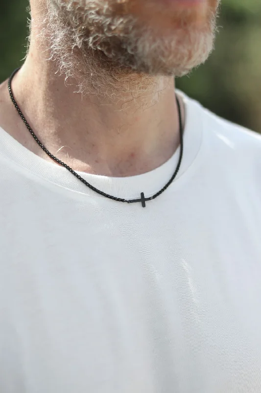 Prairie grass necklace-Cross necklace for men, sideways cross, mens necklace waterproof cross pendant, black chain confirmation gift for him, christian catholic