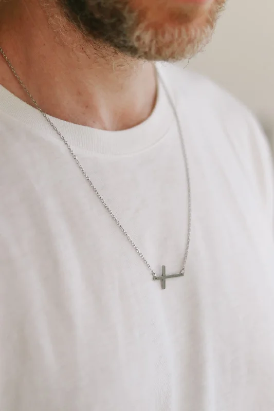 Sideways cross necklace for men, mens necklace waterproof cross pendant, silver chain groomsmen gift for him, christian catholic necklace