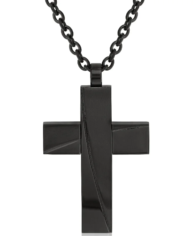 Quilted pattern necklace-Sutton Black Stainless Steel Stripe Cross Pendant Necklace