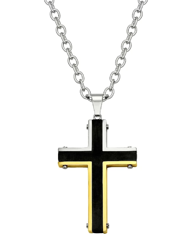 Grid weave necklace-Sutton Stainless Steel Tri-Tone Cross Pendant Necklace