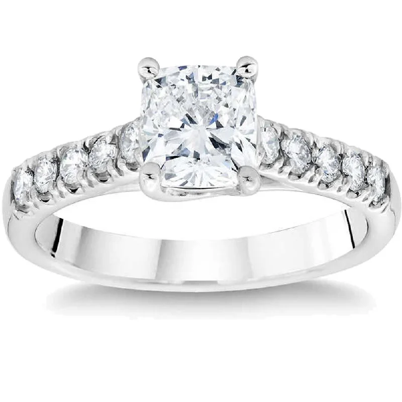 Crowned stone ring-1 1/2 Ct Cushion Diamond Engagement Ring 14k White Gold Lab Grown