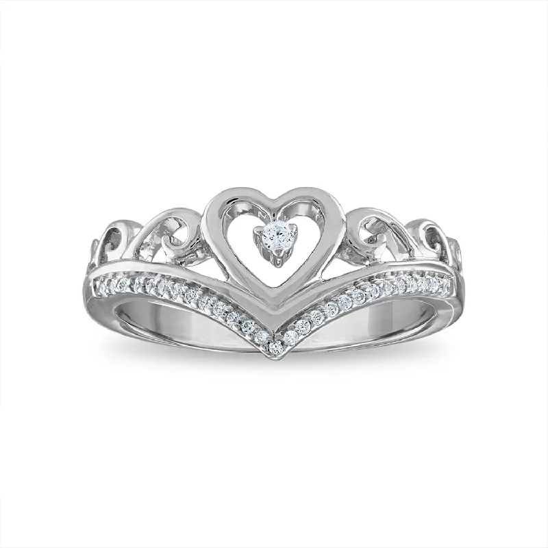 Shaved band ring-1/10 CTW Diamond Heart Tiara Crown Ring in Rhodium Plated Sterling Silver