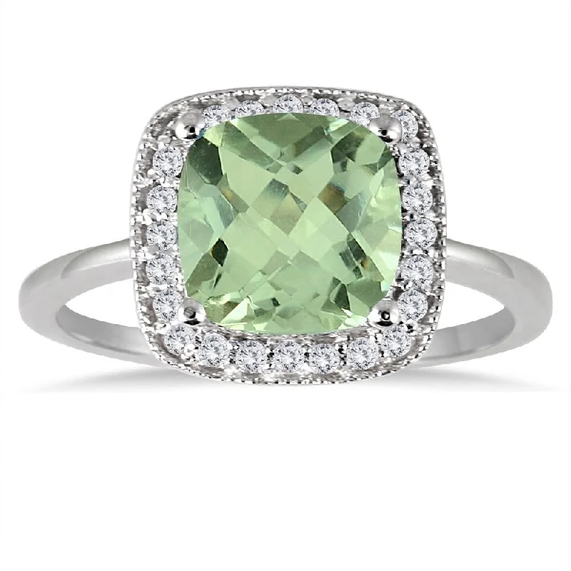 Denim weave ring-1.30 Carat Cushion Cut Green Amethyst and Diamond Ring in 14K White Gold