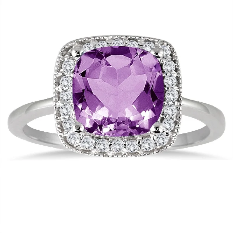 Bunched band ring-1.35 Carat Cushion Cut Amethyst and Diamond Ring in 14K White Gold