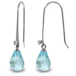 Pyrite point earrings-1.38 Carat 14K Solid White Gold Fish Hook Earrings Diamond Blue Topaz