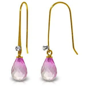 Quartzite shard earrings-1.38 Carat 14K Solid Yellow Gold Fish Hook Earrings Diamond Pink Topaz