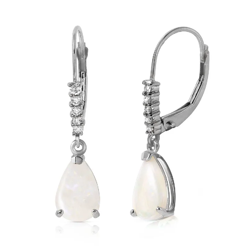 Chia seed earrings-1.7 Carat 14K Solid White Gold Leverback Earrings Natural Diamond Opal