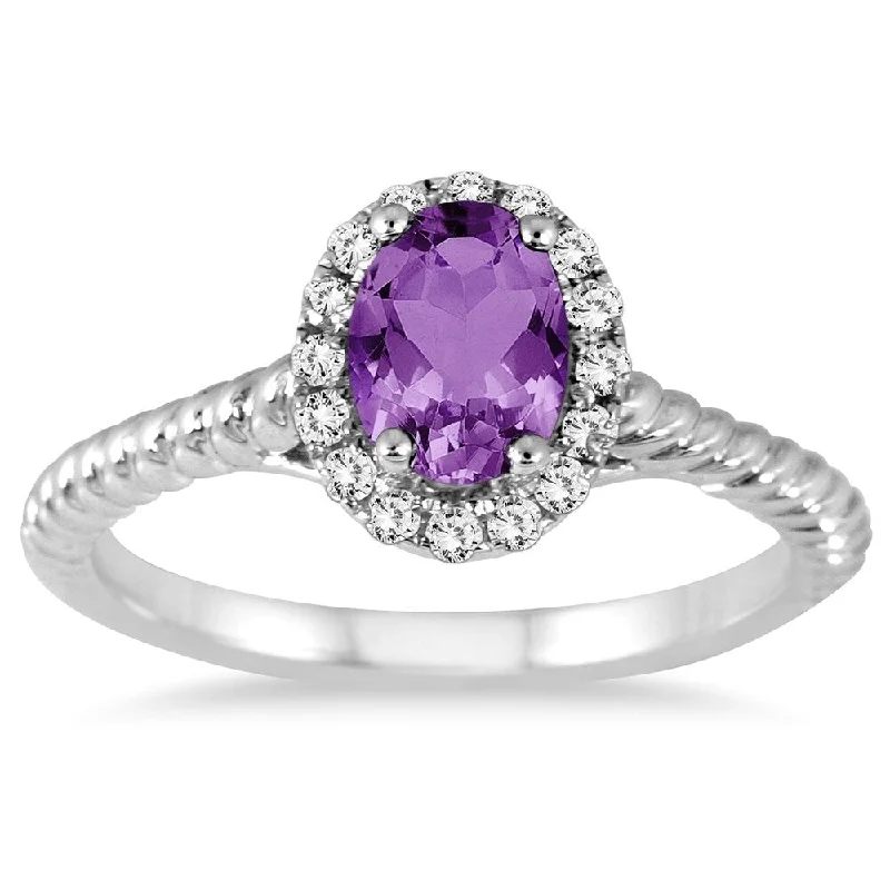 Curved metal ring-1 Carat Amethyst and Diamond Halo Rope Ring in 10K White Gold