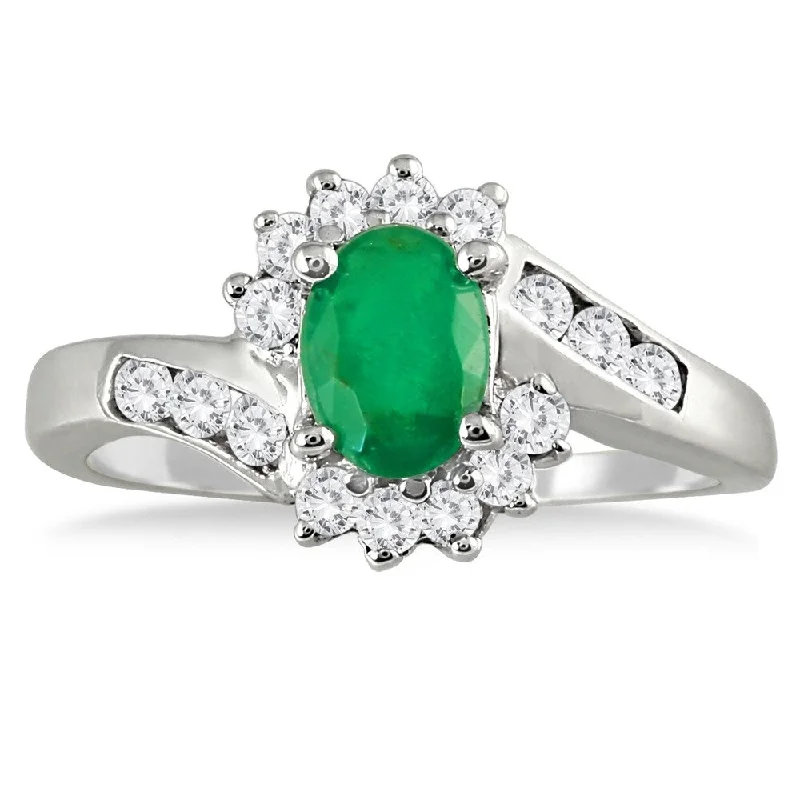 Rosemary sprig ring-1 Carat Emerald and Diamond Flower Twist Ring in 14K White Gold