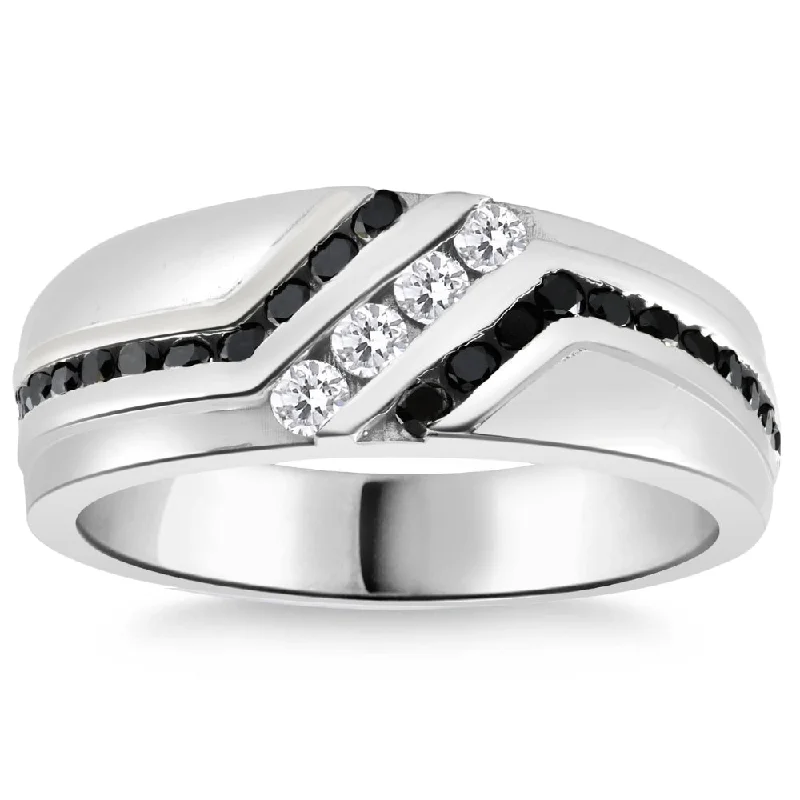 Minoan gold ring-1 Ct TW Mens Black & White Diamond Wedding Band 10k White Gold Ring