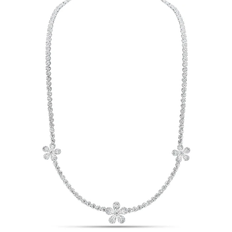 Cast metal necklace-Diamond Flower Tennis Necklace