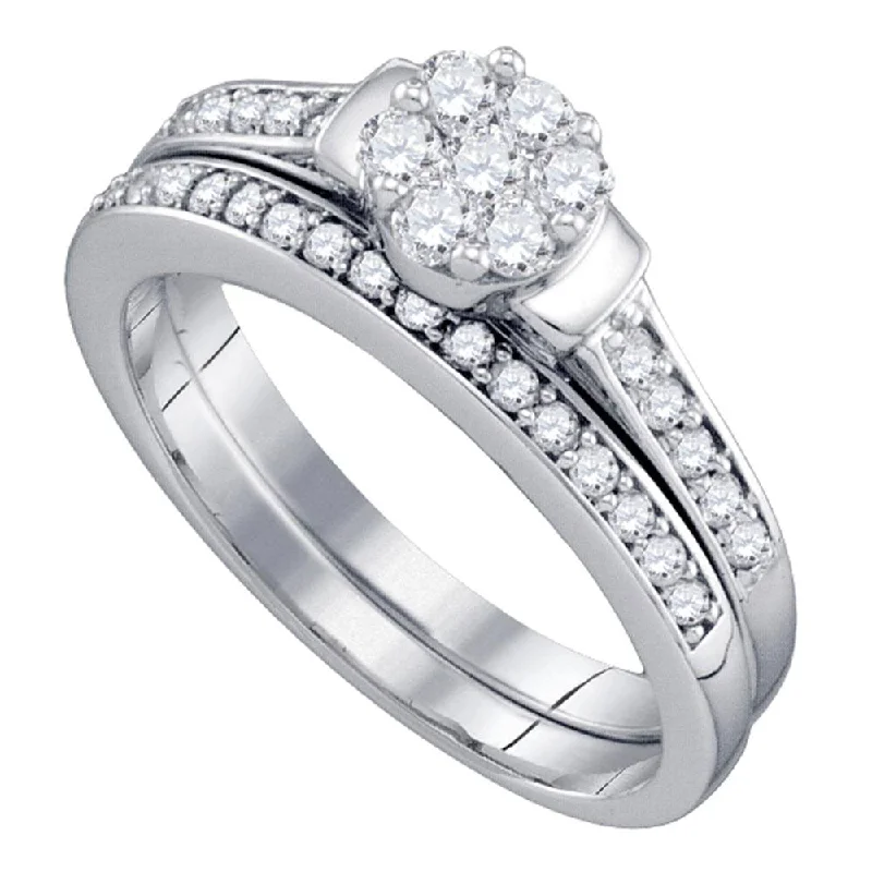 Embossed wedding ring-10kt White Gold Diamond Cluster Bridal Wedding Ring Band Set 1/2 Cttw